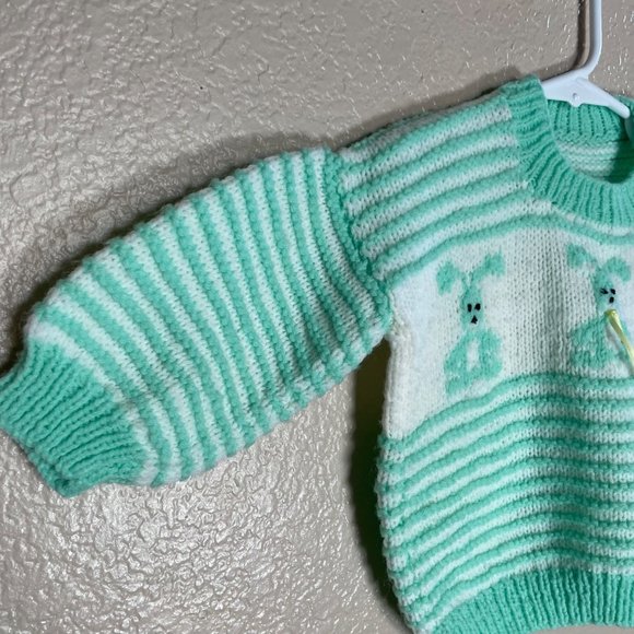 vtg Hand Knitted Baby Sweater Bunny Mint Green White Striped Easter 6-12 months? - Picture 5 of 7